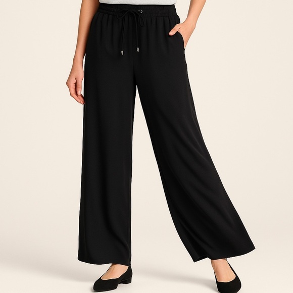 Michael Kors Black Wide Leg Drawstring Trousers Gold Tips – Size L Excellent - Picture 1 of 13